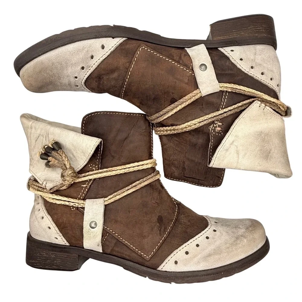 Clocharme Handmade Italy TwoTone Leather Wingtip Ankle‎ Boots Boho Rope Wrap 5.5